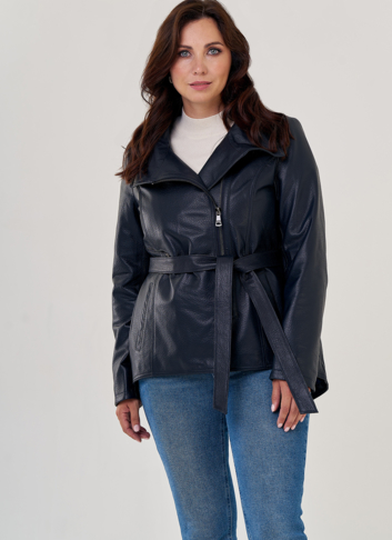 Кожаная куртка на молнии темно-синего цвета 