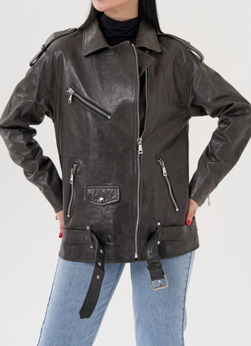 Длинная косуха из натуральной кожи серого цвета