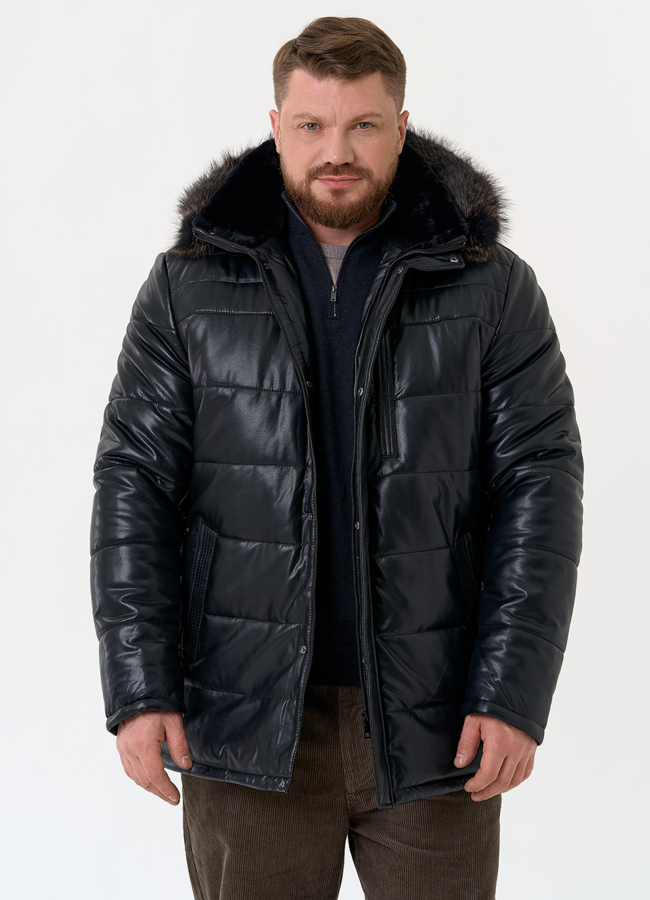 Пуховик из эко кожи с капюшоном из меха енота модель № 22072 меха малина