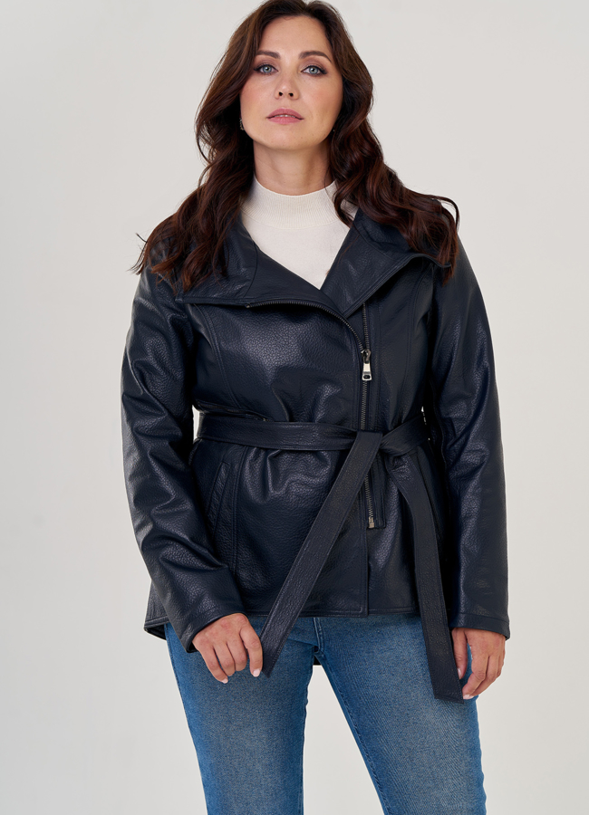 Кожаная куртка на молнии темно-синего цвета  модель № 10862 универмаг малина
