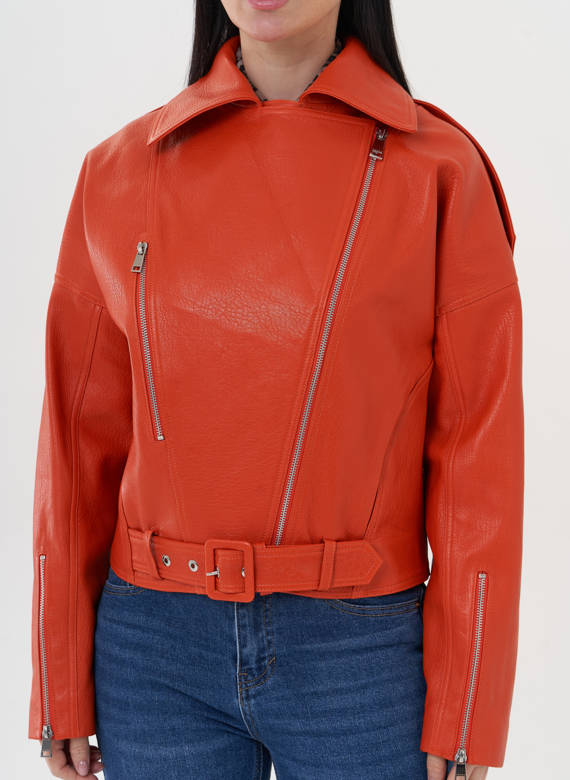 Кожаная куртка "косуха" оранжевого цвета