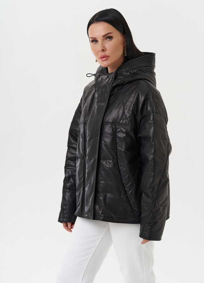 фото Утепленная куртка из натуральной кожи с капюшоном модель № 28111