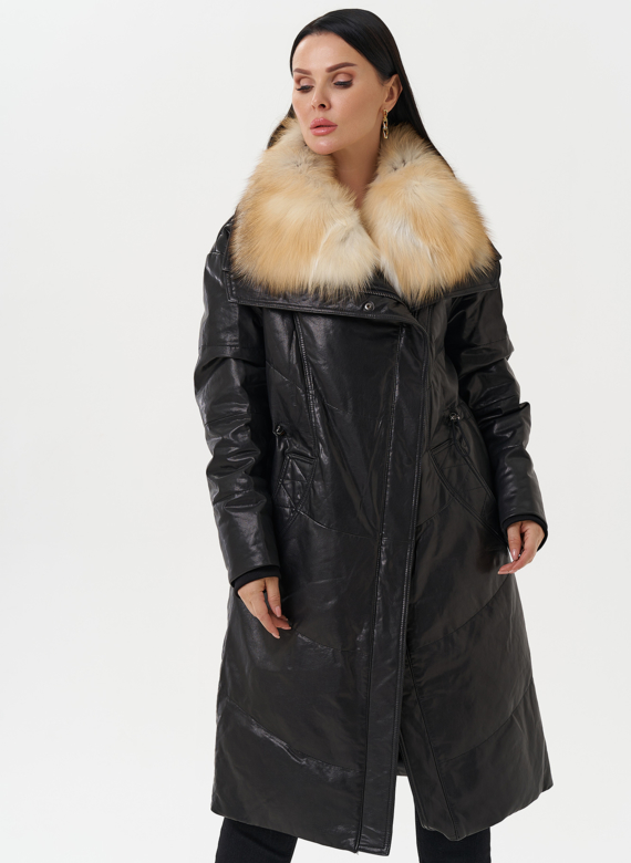 Женский кожаный пуховик с отделкой из меха лисы