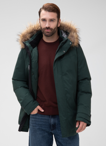 Мужской пуховик с капюшоном из меха енота