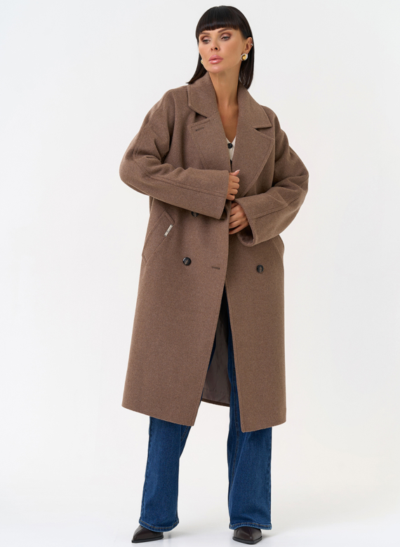 Женское двубортное пальто с поясом 