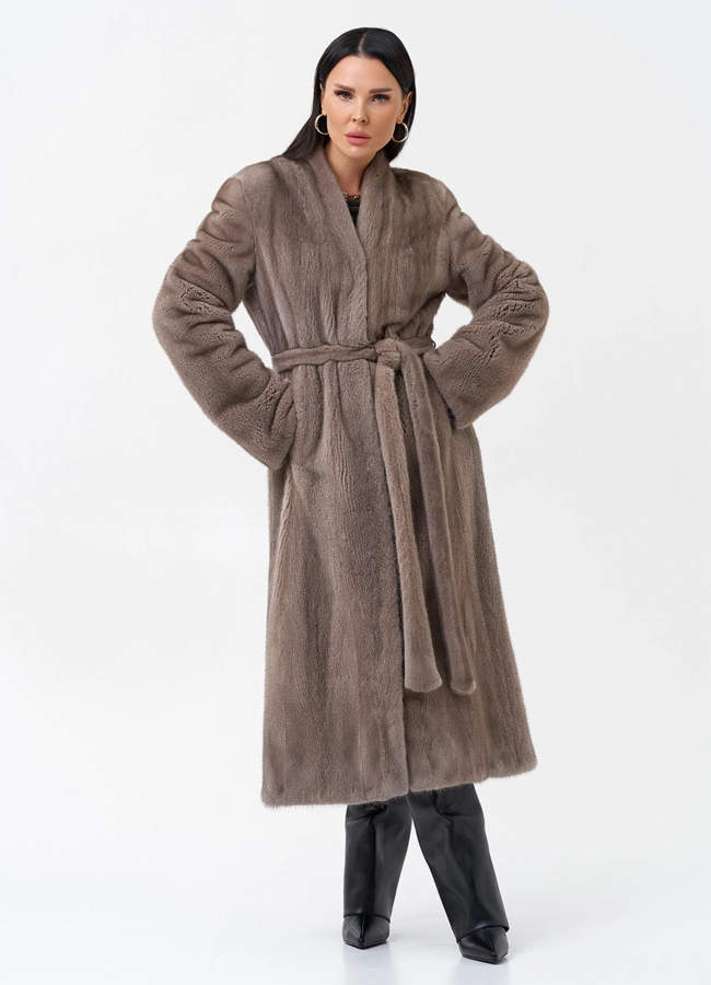 Длинная шуба из норки с поясом модель № 28633 универмаг малина