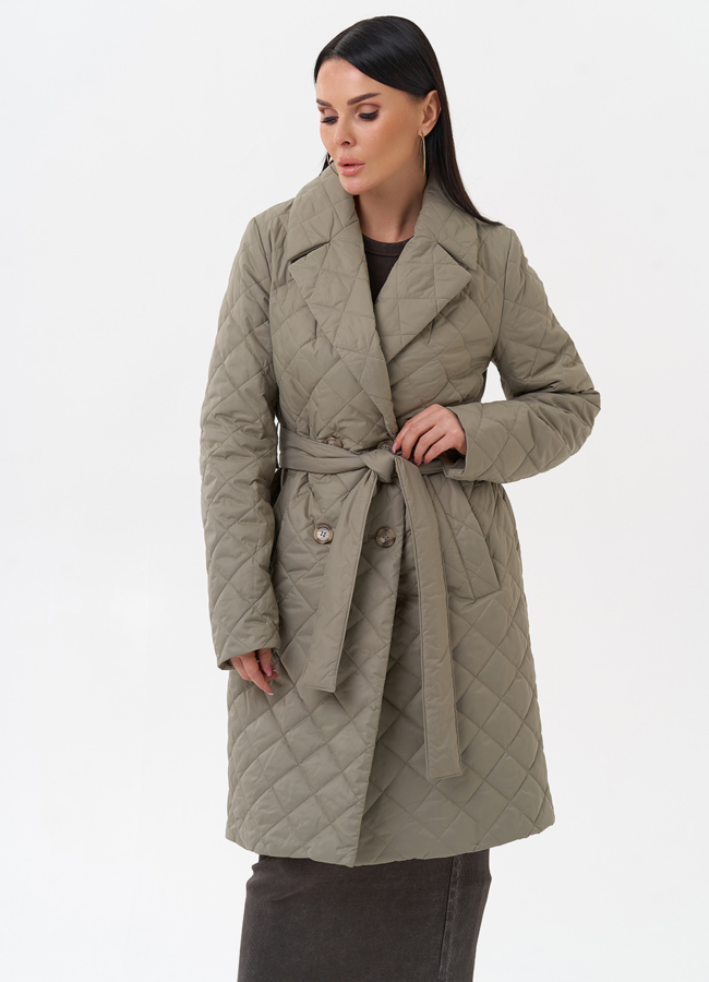 Женское стеганое полупальто с поясом модель № 29545 меха малина