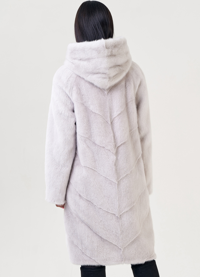 фото Светлая шуба из норки с капюшоном модель № 25817