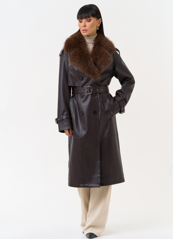 Женское утепленное пальто из экокожи с воротником из эко меха