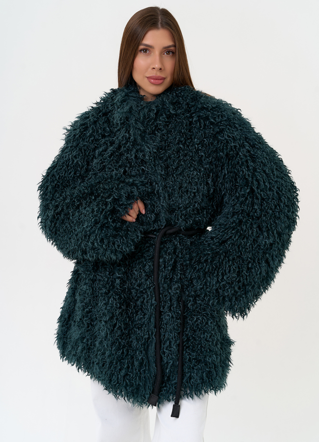 фото Женская шуба из эко меха изумрудного цвета модель № 31526