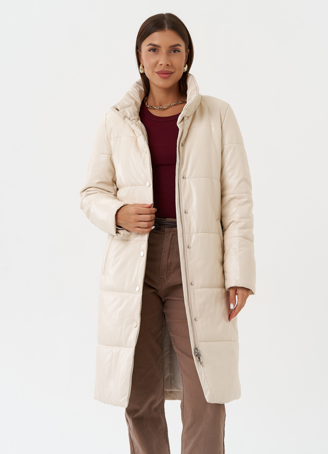 Пуховик из эко кожи на био пухе модель № 27704 универмаг малина