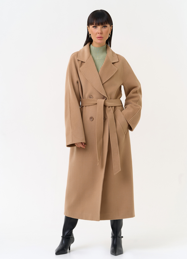 Женское двубортное пальто с поясом модель № 31556 меха малина