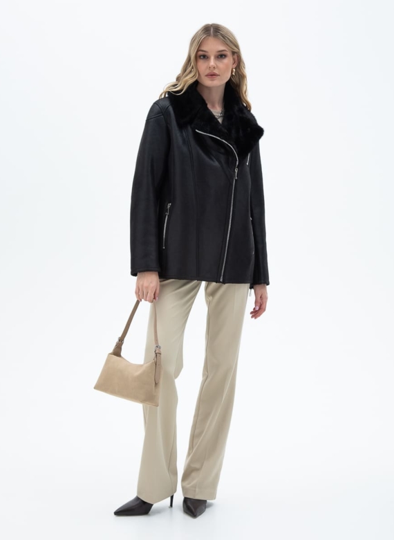 Женская дубленка из эко кожи с отделкой из эко меха